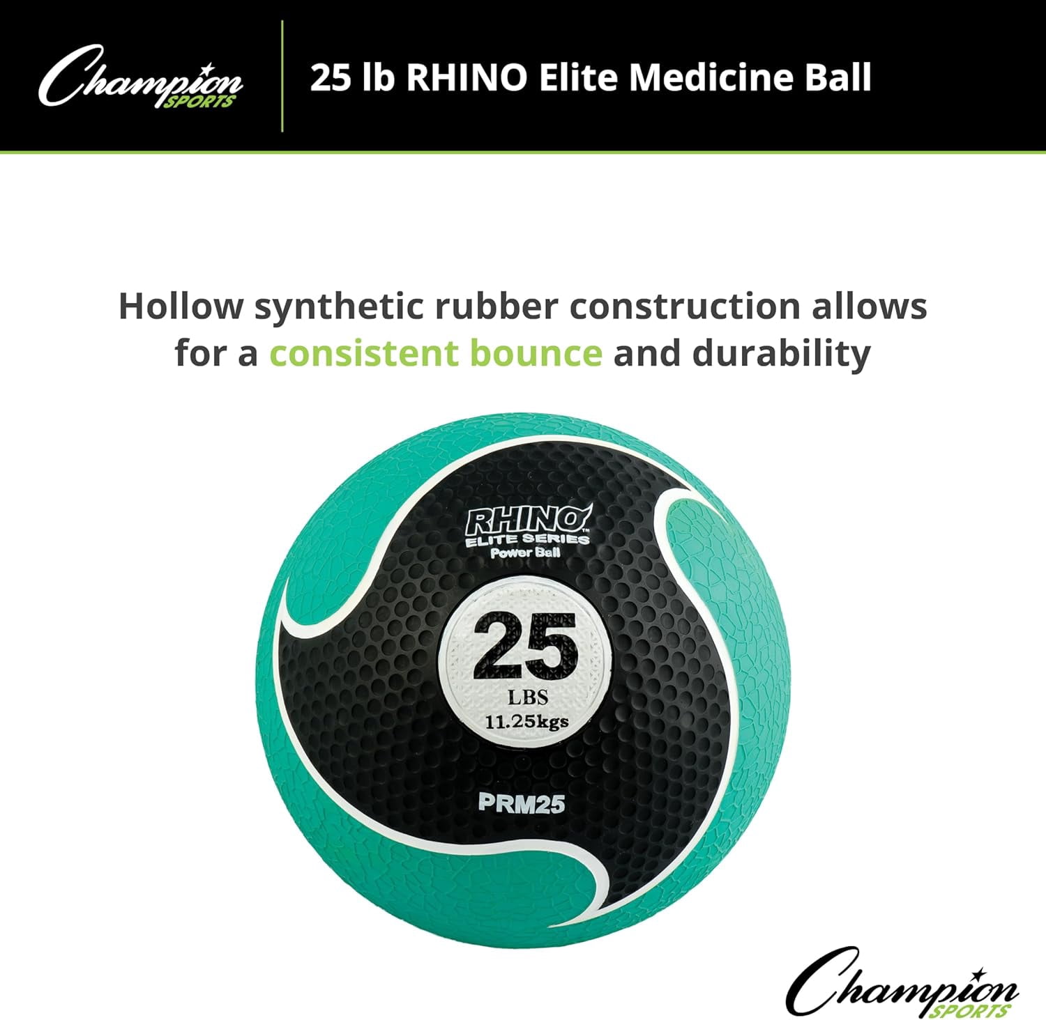 Champion Sports Rhino Elite Medicine Ball-Durable Rubber Weighted Ball & Textured Grip for Core Strength-Cardio & Cross-Training Workouts-Home or Gym Fitness-Green (25lbs)