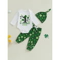 thumbnail image 3 of My First St. Patricks Day Baby Boy Girl Outfits Letter Print Long Sleeve Romper Long Pants Beanie Hat 3Pcs Cute Clothes Set, 3 of 8