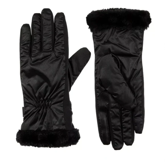Isotoner Women’s Quilted Gloves with Faux Fur Cuff - A30466 (Black, L/XL)