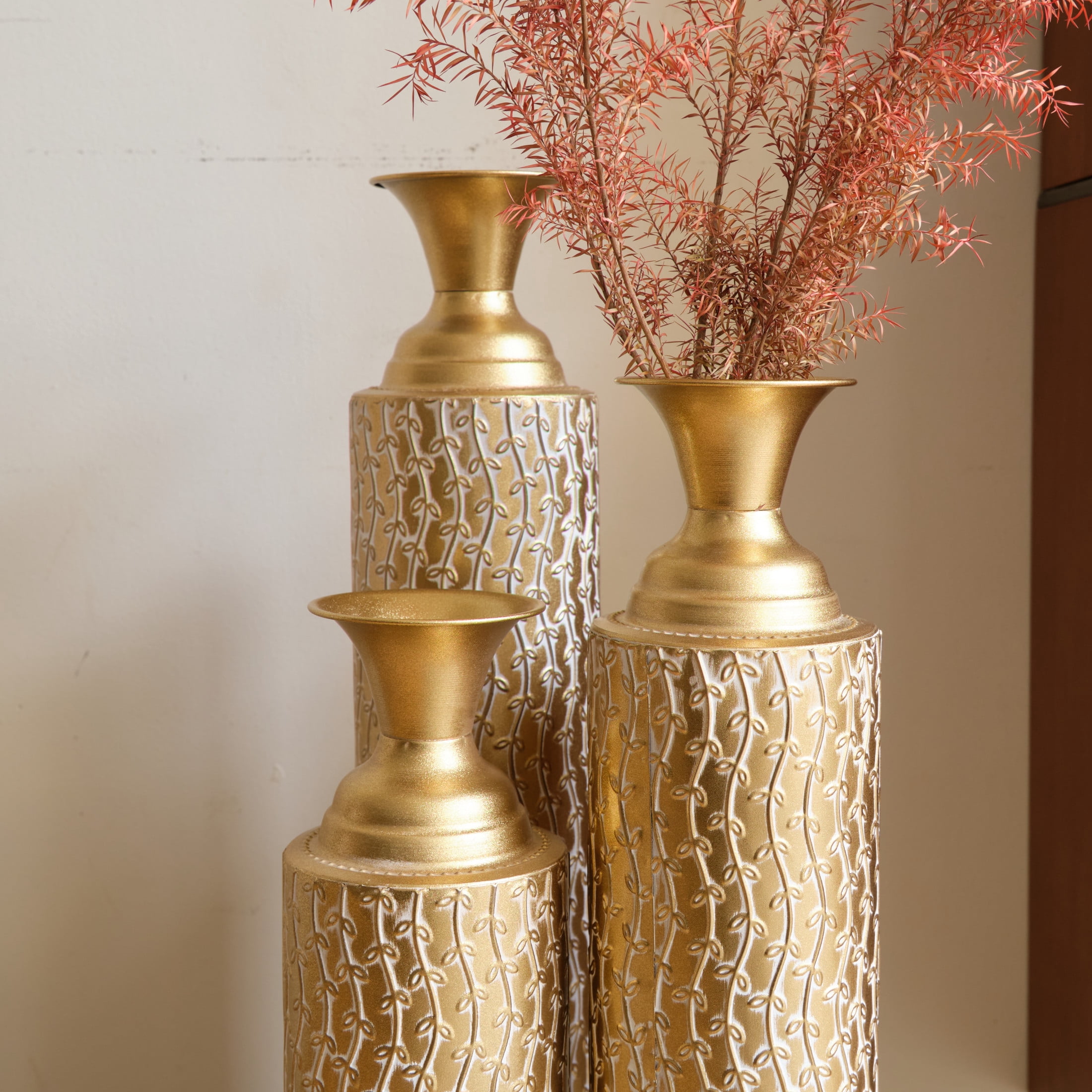 Noble House 3-Piece 33.86", 29.53", 24.8" Metal Floor Vases, Distressed Vine Pattern, Antique Gold
