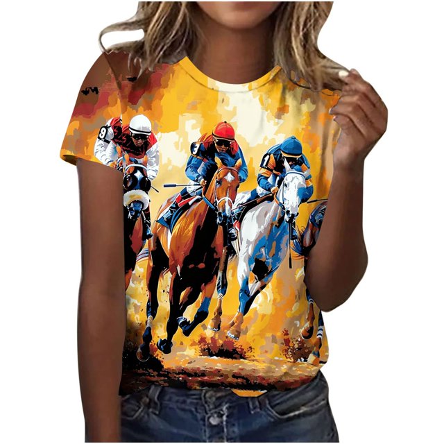Womens Horse Racing T-Shirts Plus Size Vintage Retro Graphic Tees Loose Fit Funny Pullover Tops, 4XL