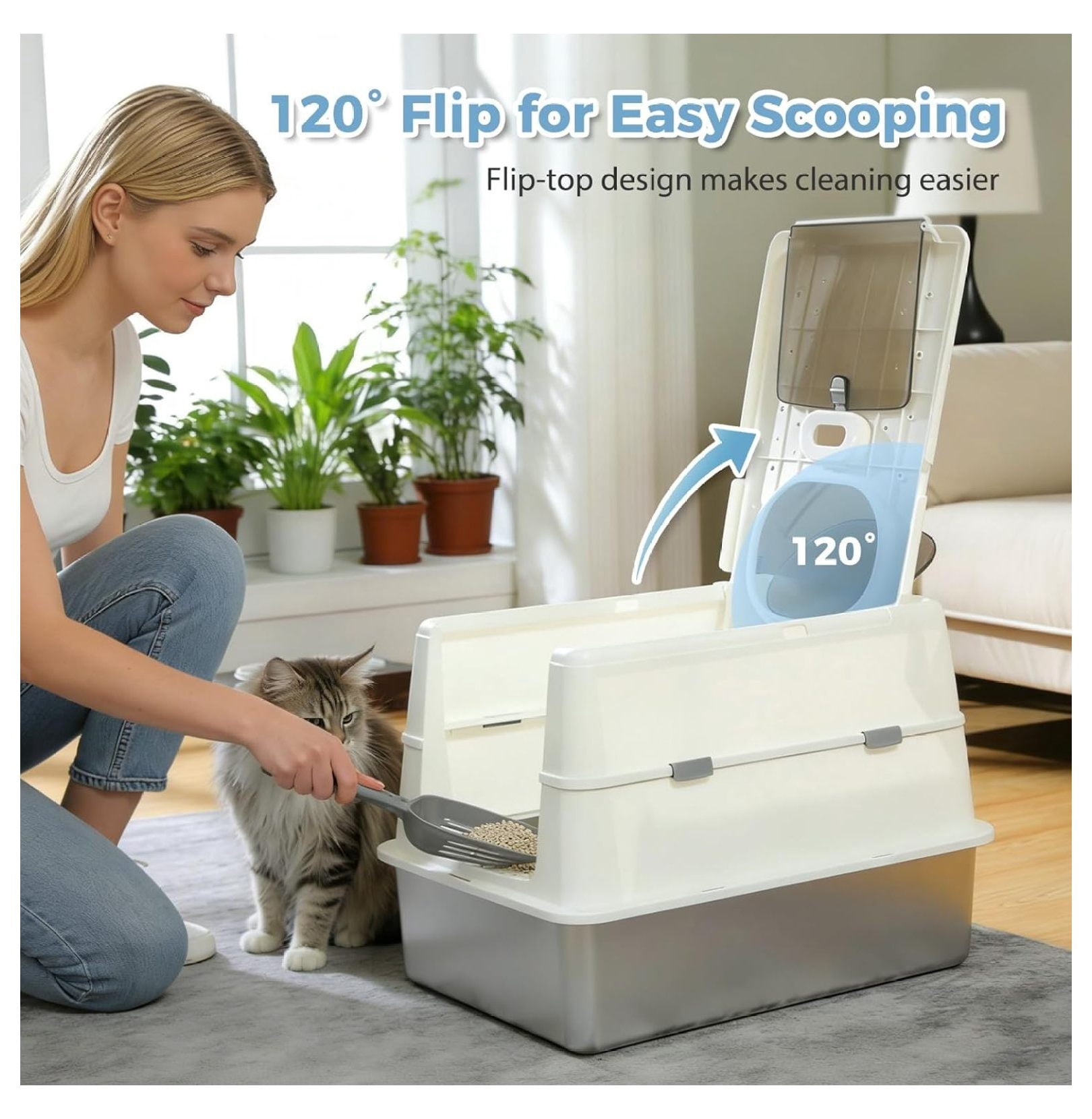 Stainless Steel Cat Litter Box, XL Extra Large Enclosed Litter Box with Non-Sticky Metal Pan, 16" High Sides& Anti-Leakage with , Front & Top Dual Entry for Big Cats, White