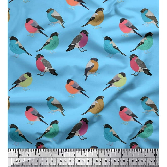Soimoi Blue Cotton Cambric Fabric Rufous Flycatcher Bird Printed Craft Fabric by the Yard 42 Inch Wide