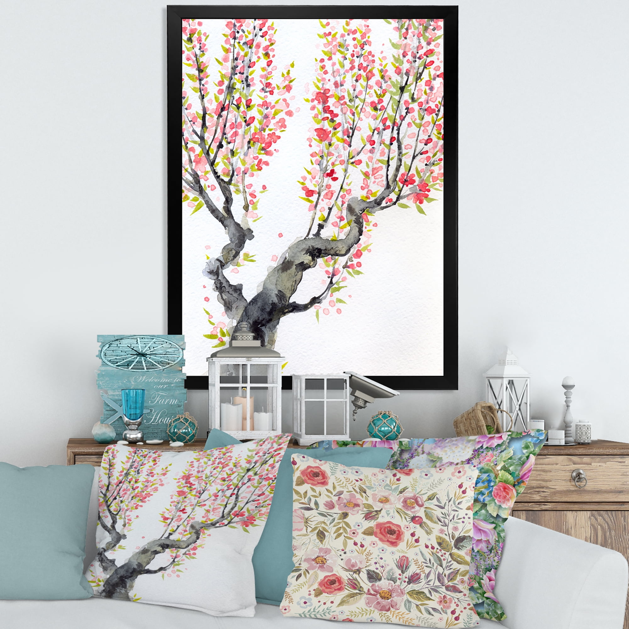 Red Spring Flowers On Tree Branches 30 in x 40 in Framed Painting Canvas Art Print, by Designart