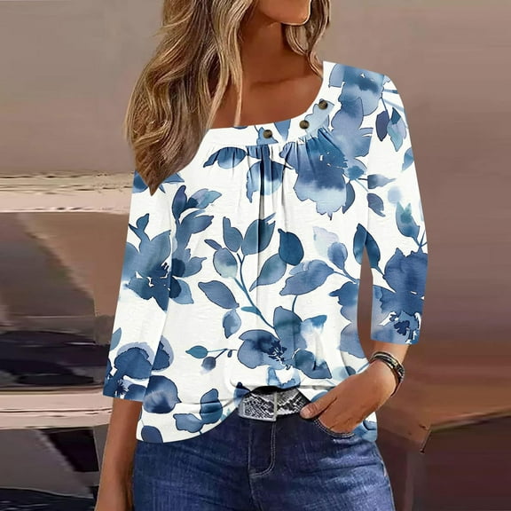 Sakmal Womens Plus Size Tops Scoop Neck White 3/4 Sleeve Pleated Floral Loose Fit Ladies Shirts for Summer