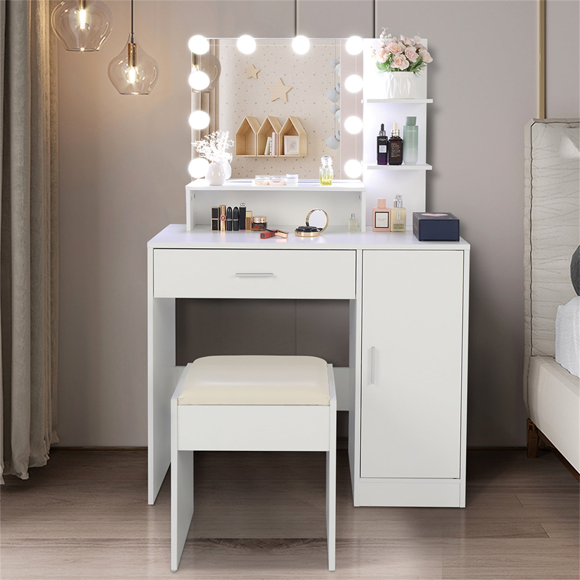 Resenkos Large Vanity Desk Set with 10 LED Bulbs, Makeup Dressing Table with Cushioned Stool for Women, Girls, Bedroom, White Resenkos Large Vanity Desk Set with 10 LED Bulbs, Makeup Dressing Table with Cushioned Stool for Women, Girls, Bedroom, White
