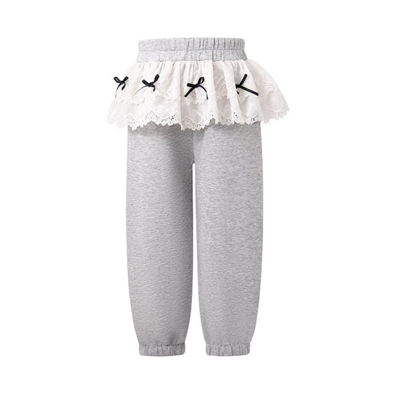 Annhoo Boys Girls Pants Trendy Solid Color Cute Lace Decor High Waisted Unisex Streetwear Trouser Casual Clothes