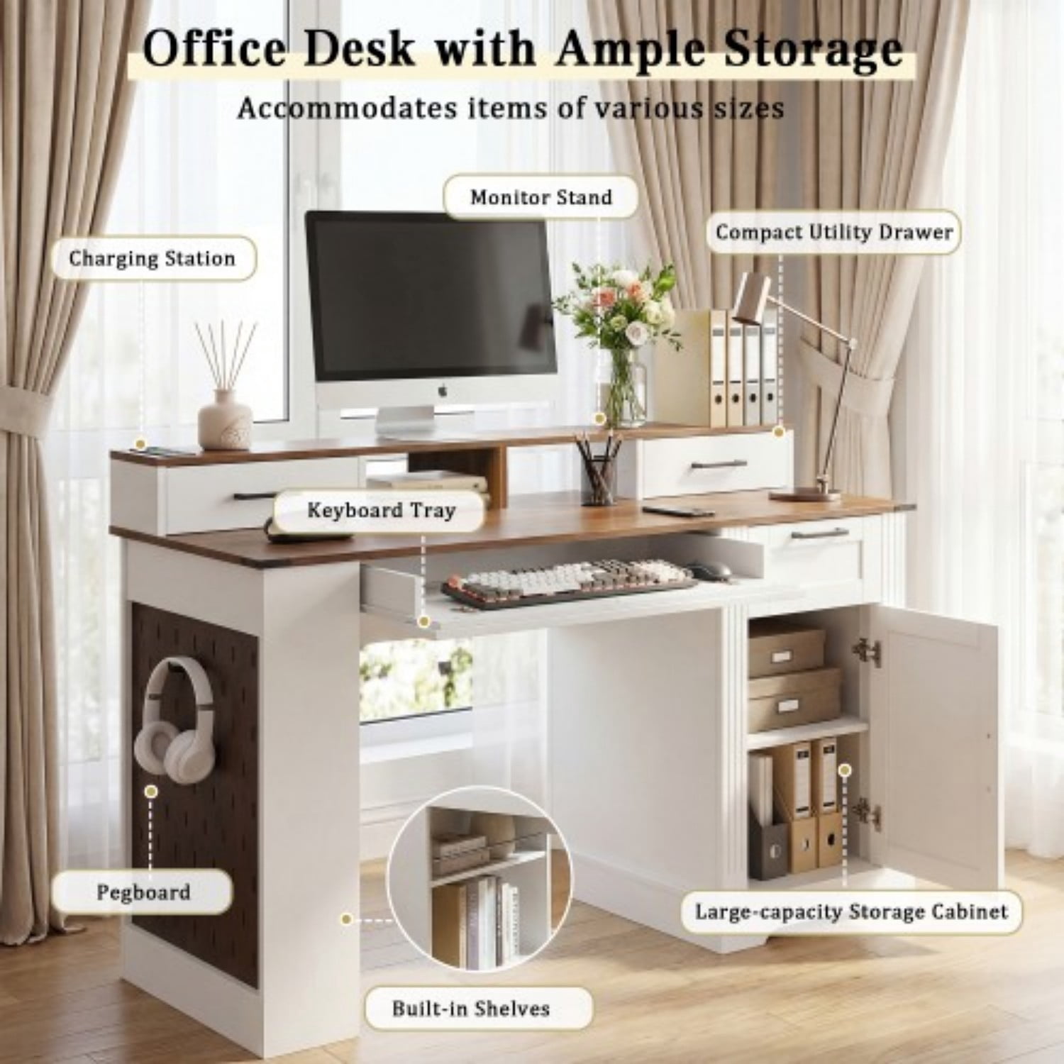 55" Farmhouse Computer Desk with Storage Cabinet & Charging Station, Barn Door Writing Desk with Keyboard Tray, Monitor Stand, Pegboard, Drawer & Adjustable Shelf for Home Office, White
