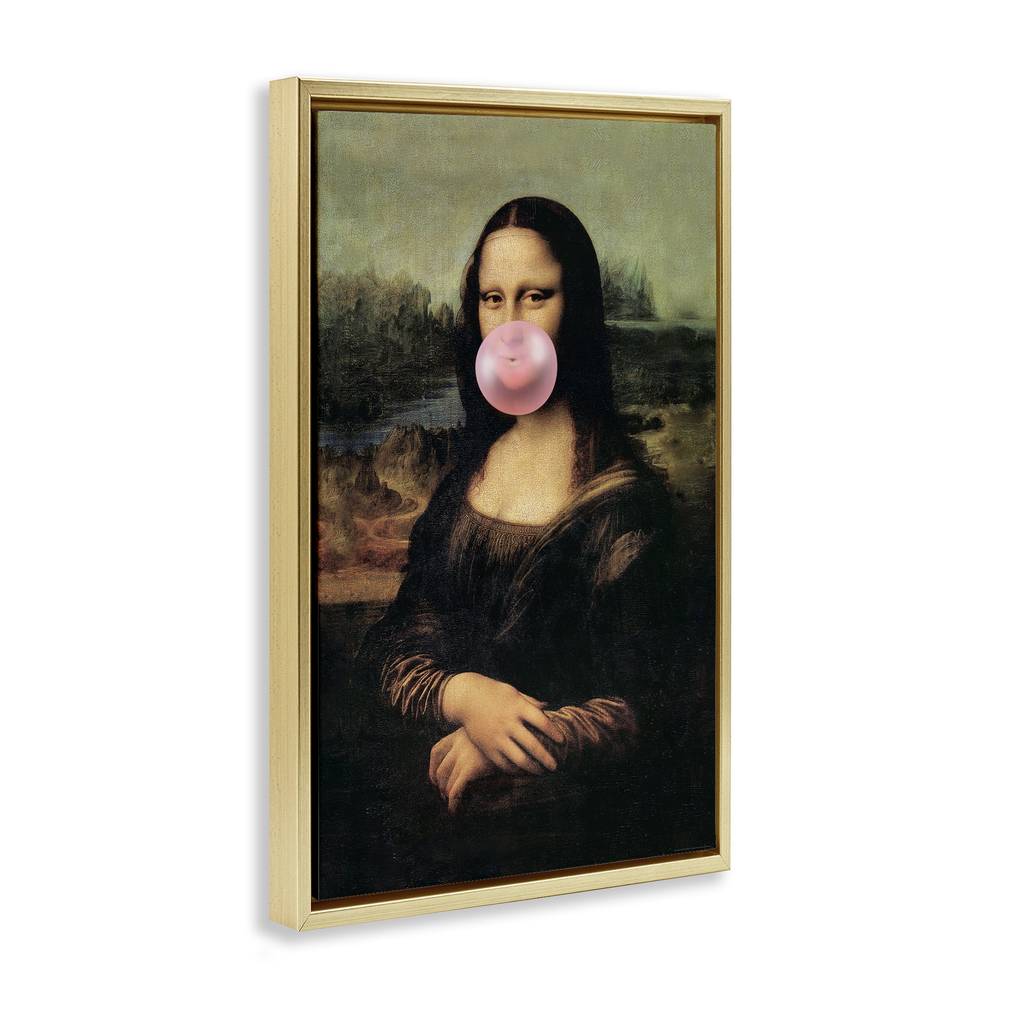 Stupell Industries Mona Lisa & Bubblegum Novelty & Humor Painting Gold Floater Framed Canvas Art Print Wall Art, 17 x 25