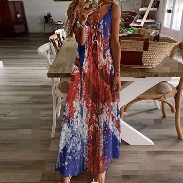 DPTALR Indépendance Jour Femmes Fronde Mi-Taille V-Cou Sans Manches à Rayures Impression Slim Plage Longue Robe