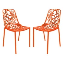 LeisureMod Stackable Dining Chair in Aluminum with Stackable and Floral Cutout Design Indoor Outdoor Use No Assembly for Modern Home, Kitchen, Patio Devon Collection in Orange Set of 2