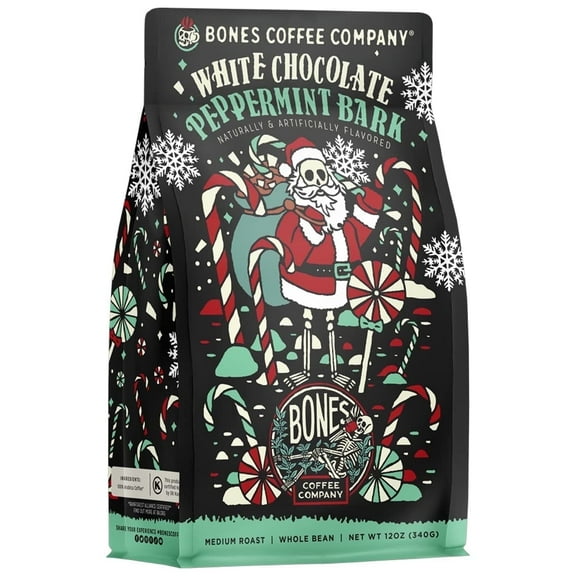 Bones Coffee Company White Chocolate Peppermint Bark Flavored Coffee | 12oz Ground