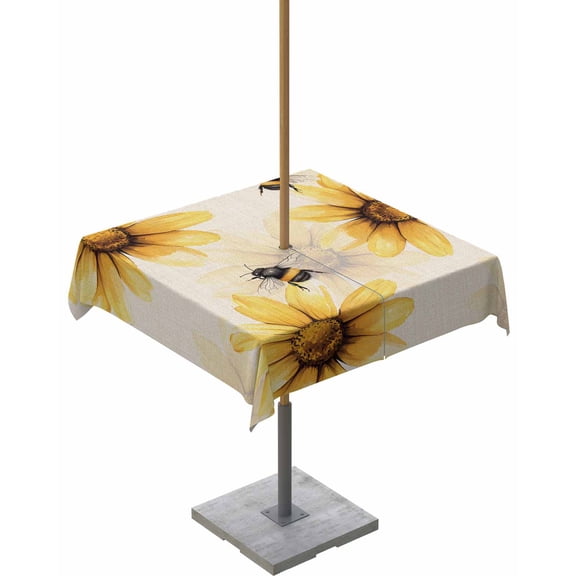 Outdoor Tablecloth with Umbrella Hole for Patio/Picnic/Party/Camping, Summer Sunflower Waterproof Table Cloth Square Cover Washable, Bee Beige Vintage Pastoral Plants 60"x 60"