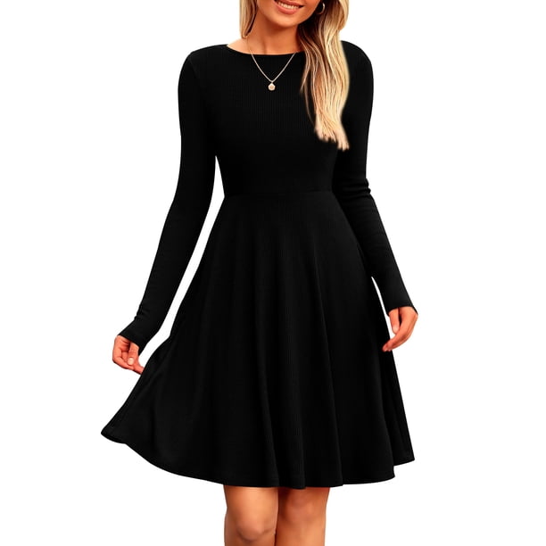 Vestido PRETTYGARDEN de Punto Acanalado Manga Larga Línea A Negro XL