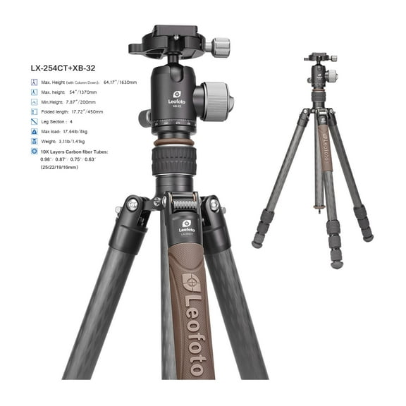 Leofoto LX-254CT/XB-32 Reversible Travel Tripod w/ Ball Head Set, Black