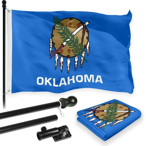 G128 Combo Pack: 6 Feet Tangle Free Spinning Flagpole (Black) Oklahoma OK State Flag 3x5 ft Printed 150D Brass Grommets (Flag Included) Aluminum Flag Pole