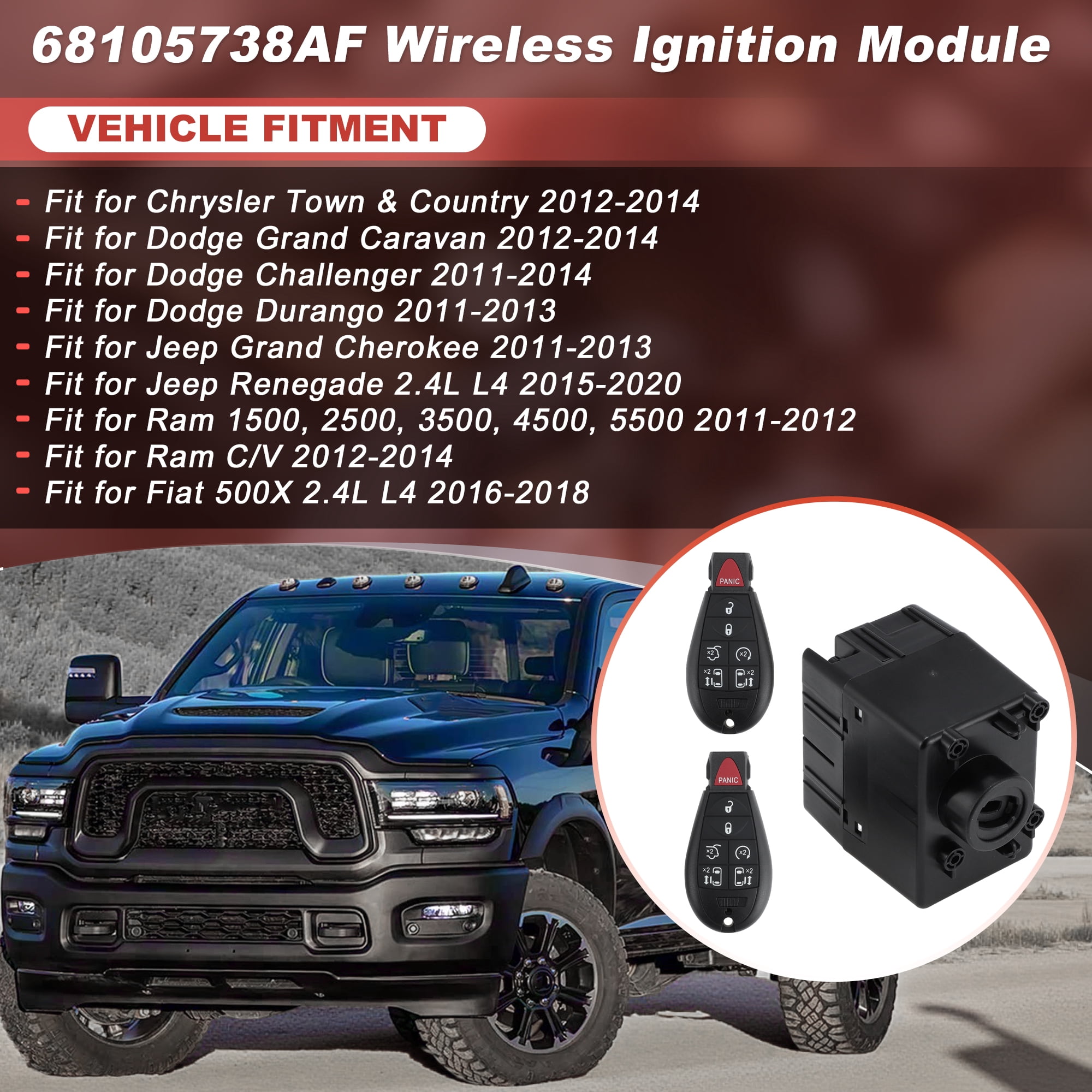 68105738AF Wireless Ignition Module Switch with Remote Key Fob for Dodge Challenger Durango Grand Caravan for Jeep Grand Cherokee for Ram C/V 1500 2500 3500 4500 5500 2011-2014