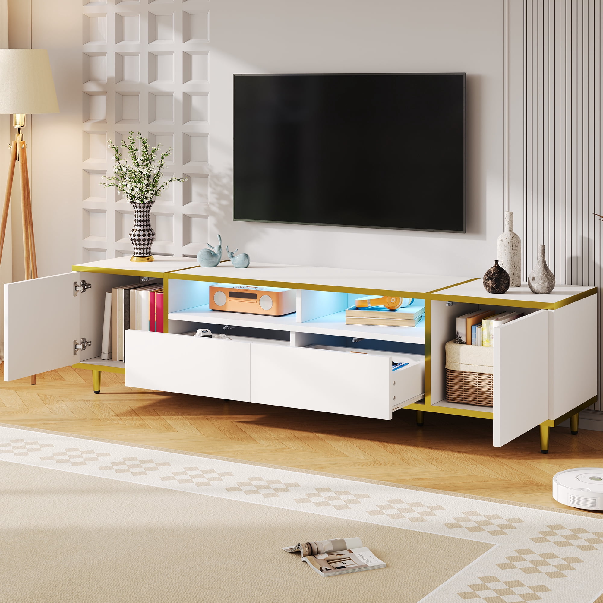 70.9" Modern TV Stand for TVs up to 80 Inches, Entertainment Center with 2 Shelves and LED Lights, TV Storage Cabinet with 2 Drawers, 2 Cabinets and Metal Legs for Living room