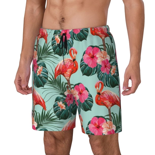 Balery Palm Leaves Flamingo Bañador para hombre, shorts de playa de secado rápido con entrepierna y forro de compresión-Medium