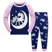 Popshion Toddler Baby Girls Unicorn Long Sleeve Top and Pants 100% Cotton Pajamas Set, 2 Piece, Size 3T-7 Years