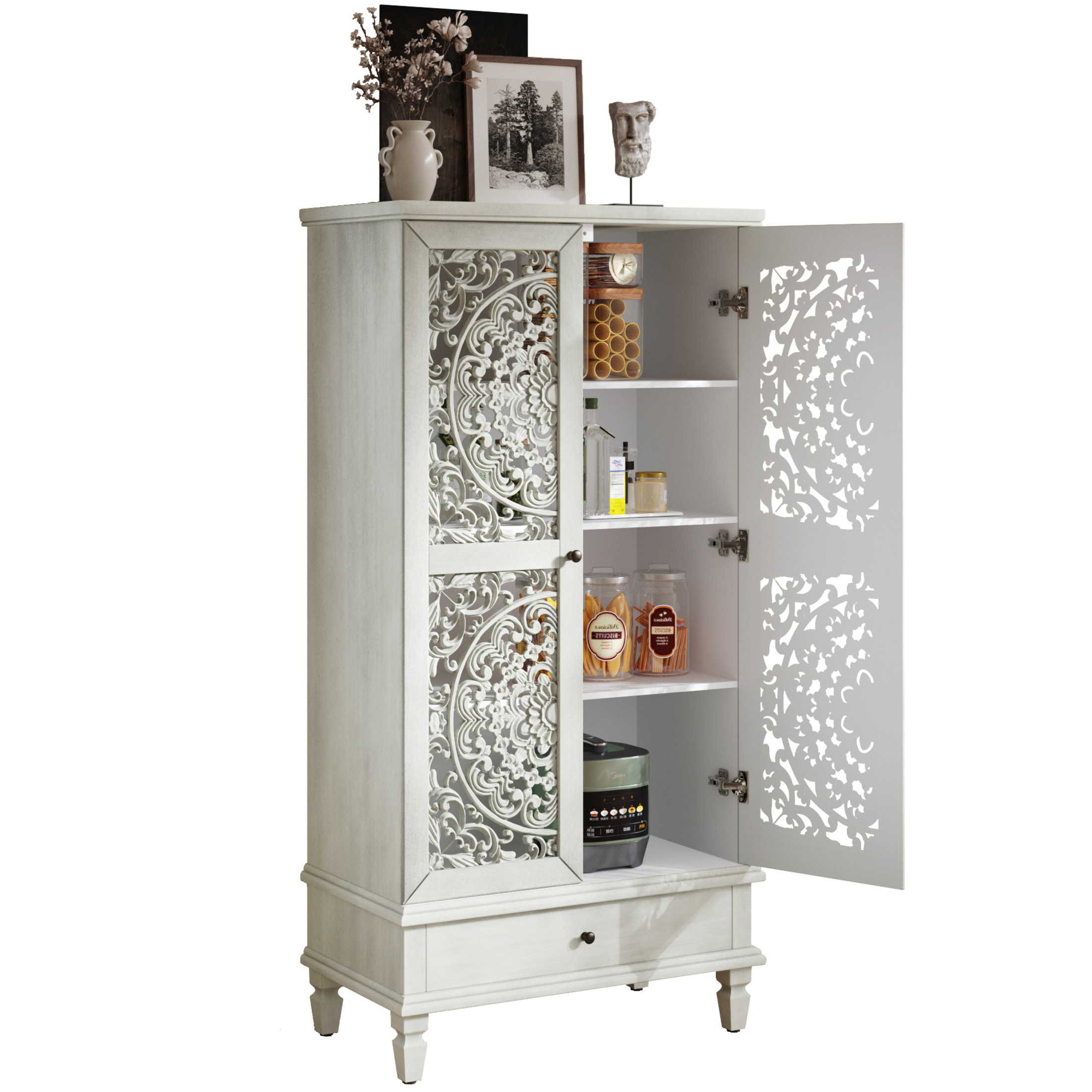 Noble house Rustic Tall Storage Cabinet with Drawer, Carved 2-Door Cabinet with Solid Wood Legs,Antique White