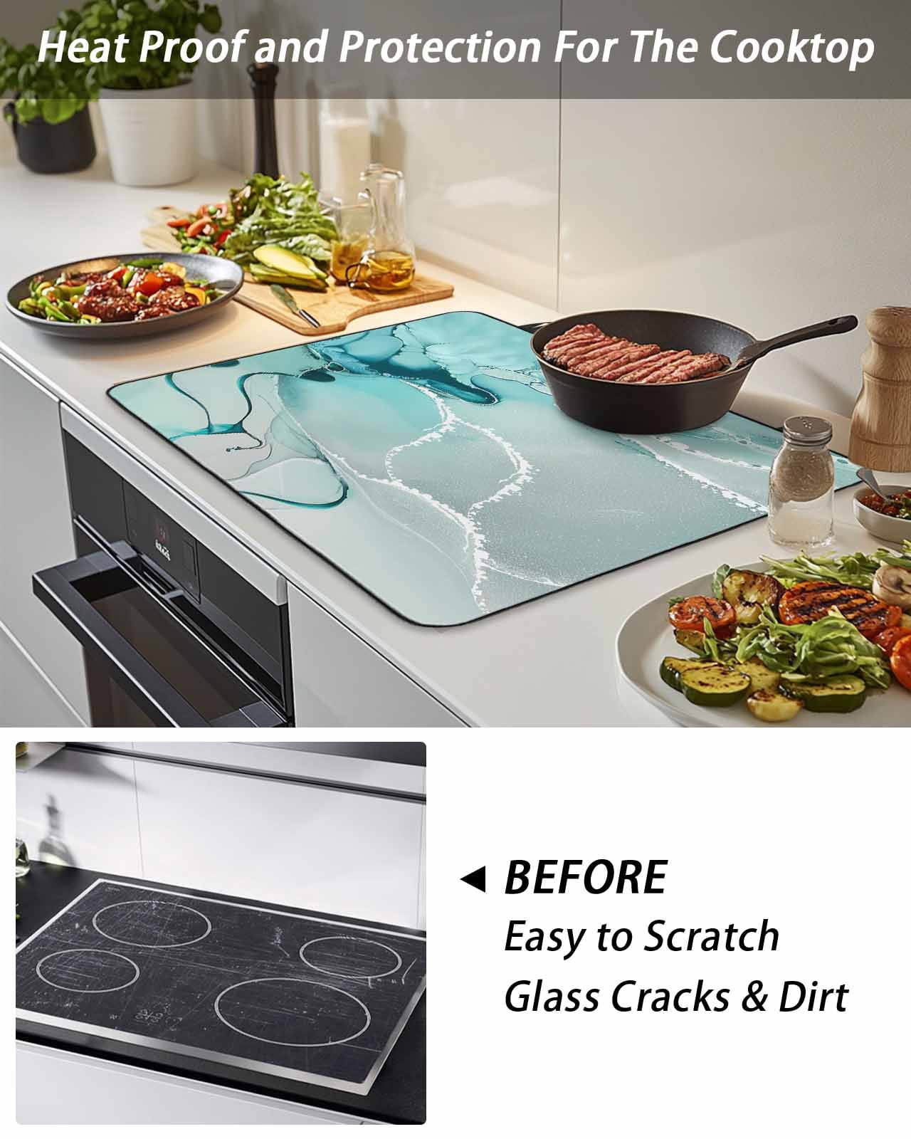Stove Top Covers for Electric Stove, Aqua Marble Glass Stovetop Cover Protector, Modern Abstract Gradient Water Fluid Art Induction Cooktop Protector Oven Mat for Kitchen Countertop 28.5"x20.5"