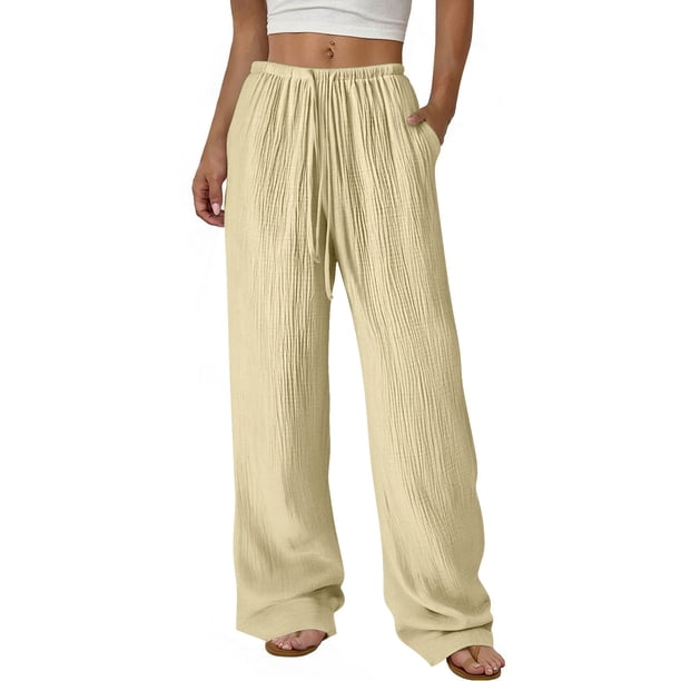 Pantalones de Cintura Elástica de Pierna Ancha para las Mujeres Color Sólido Recto Casual de la Longitud Del Tobillo de la Mezcla de Pantalones de Bolsillo de Lino