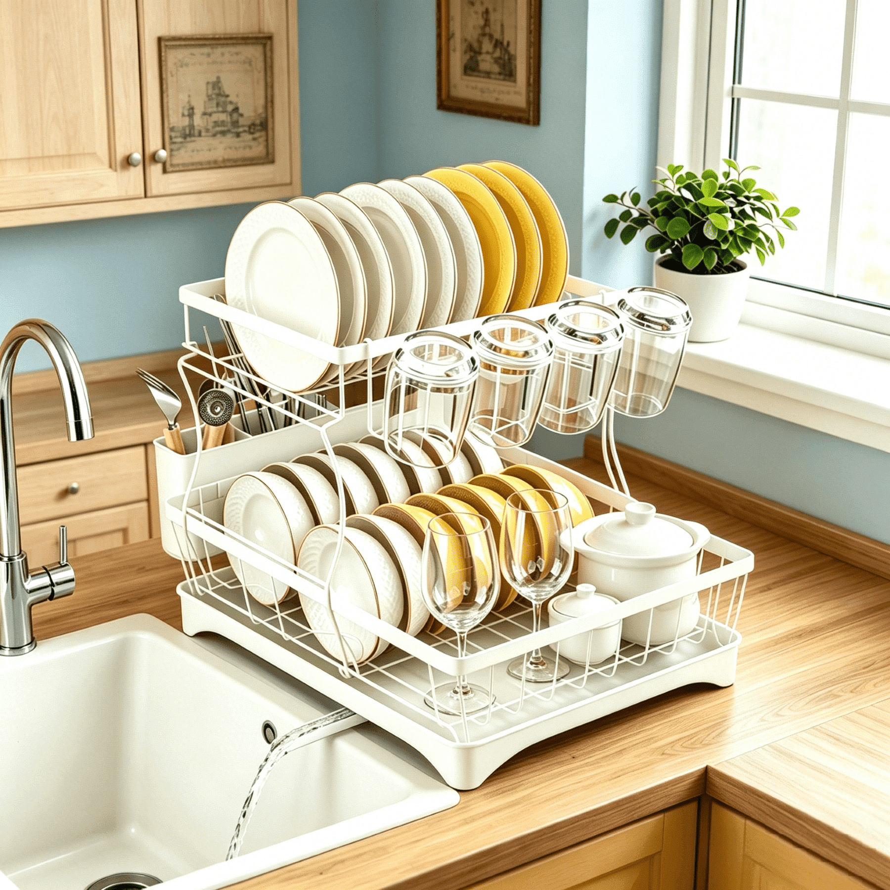 Glovv Large Capacity Dish Racks for Kitchen Counter, 2 Tier Collapsible Over the Sink Dish Rack,Versatile Dish Drying Rack with Auto Drainage System and Breathable Mesh Basket, White