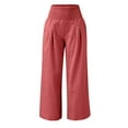 thumbnail image 4 of Women's Plus Size Loose Fit Casual High Empire Waist Solid Color Cotton And Linen Wide Leg Sweatpants with Pockets ,Red, 4 of 5