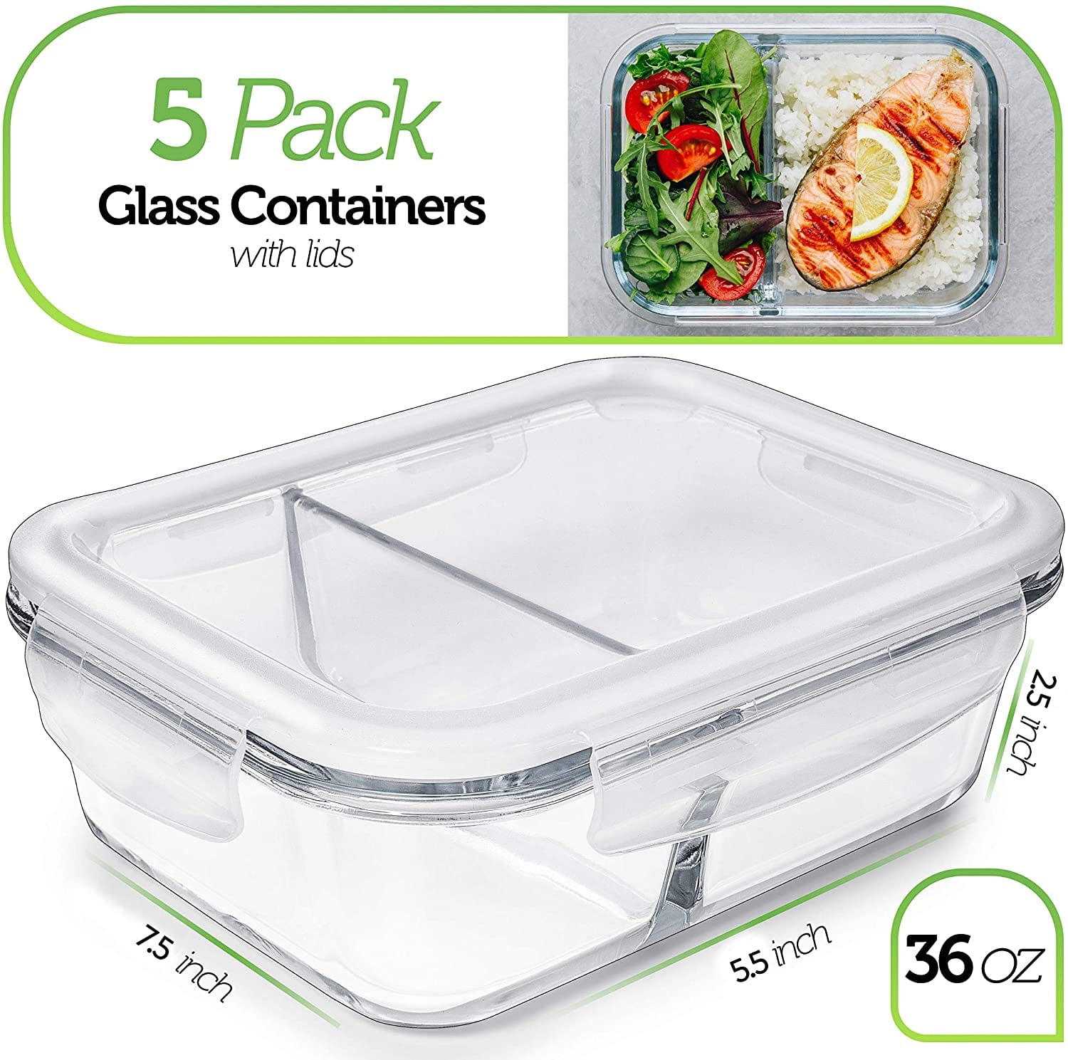  Fit & Fresh Divided, 5-Pack, Two Compartments, Set of 5  Containers with Locking Lids, Glass Storage, Meal Prep Containers with  Airtight Seal, 27 oz. : Everything Else