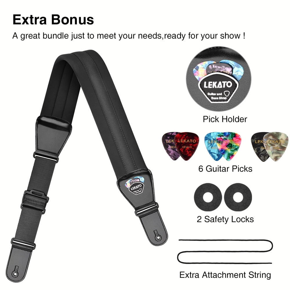 LEKATO Bass Guitar Straps for Electric Guitar & Bass 3" Wide Padded Straps Adjustable Length from 45" to 55" Bass Guitar Strap with Pick Holder 2 Safety Strap Locks & 6 Picks
