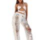 thumbnail image 3 of VISgogo Mujer Pantalones Largos Huecos, Primavera Verano Señoras Estilo Ocio Color Sólido Cintura Media Borlas Ripped Beach Pantalones Rectos VISgogo moda, 3 of 9