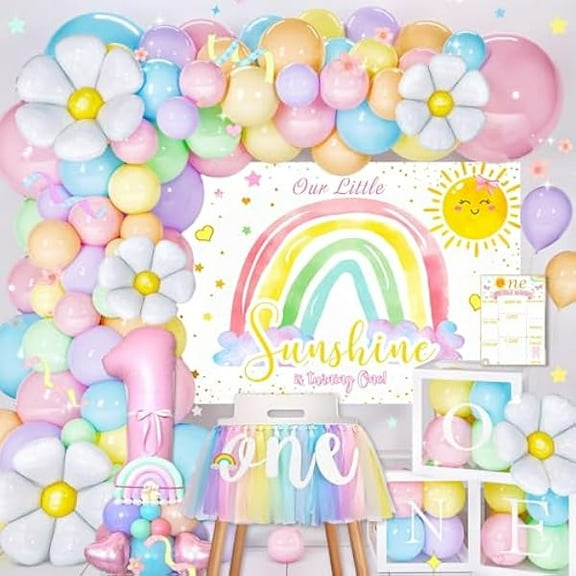 1st Birthday Decorations Girl, 146pcs First Birthday Decorations for Girl, Balloon Boxes, Party Backdrop, Photo Banner, Daisy Balloons Arch, Highchair Banner, Milestone Card