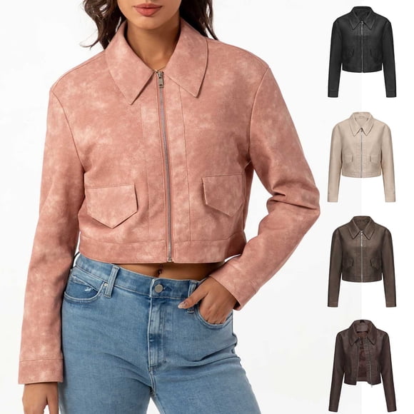 Feancey Women's Cropped Faux Leather Jacket Zip Up Collared Motorcycle Coat Suede Casual Slim Fit Crop Jackets Fall Fashion Thin Outerwear Beige XXL