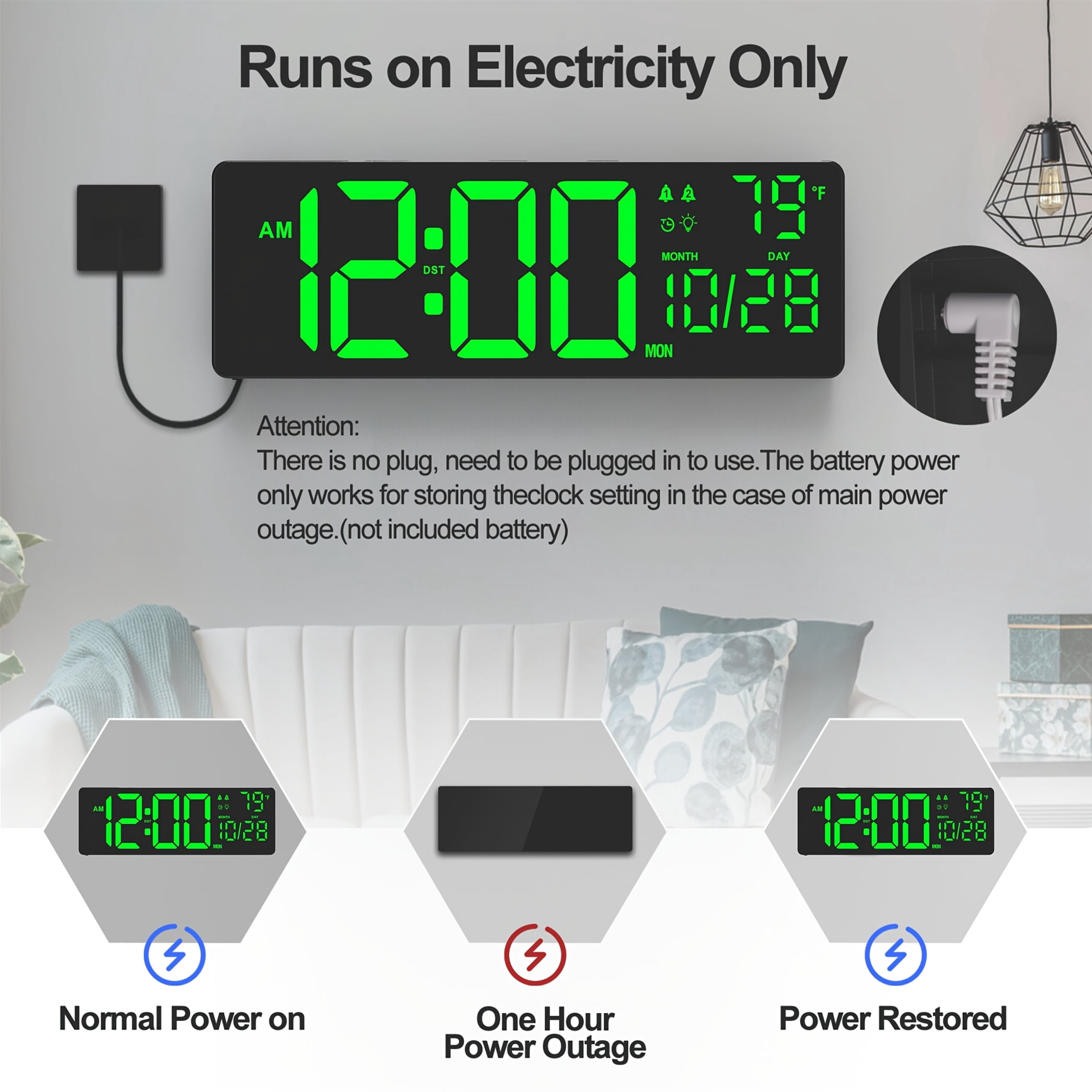 Large Digital Alarm Wall Clock with Remote, Calendar, Temp/Humidity, Timer, 11 RGB Colors for Bedroom, Office, Gift