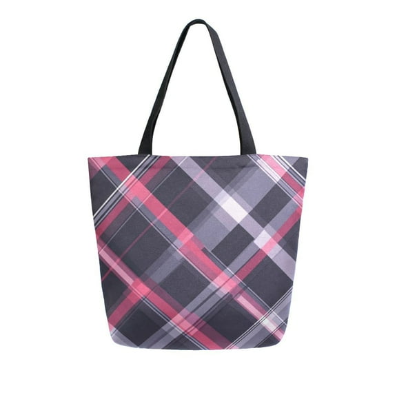 Durable Canvas Tote Bag with Zip Pocket Bags for Woman Shoulder Versatile Carryall for Everyday Use Gray and Purple Plaid