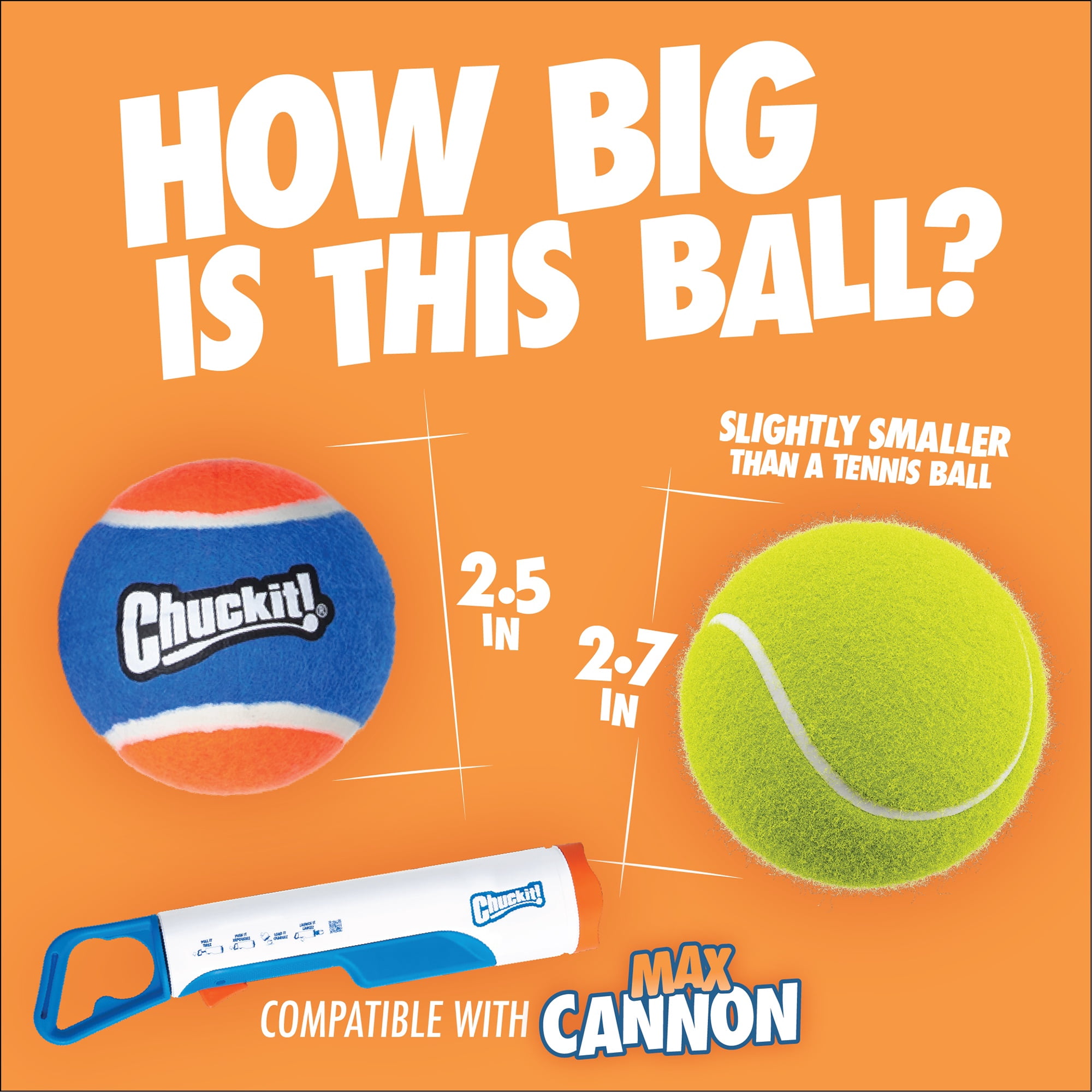 Chuckit! Max Cannon 24M Dog Ball Launcher Fetch Toy for Dogs, 24" Long Compatible with Medium 2.5" Balls, 4 Balls Included