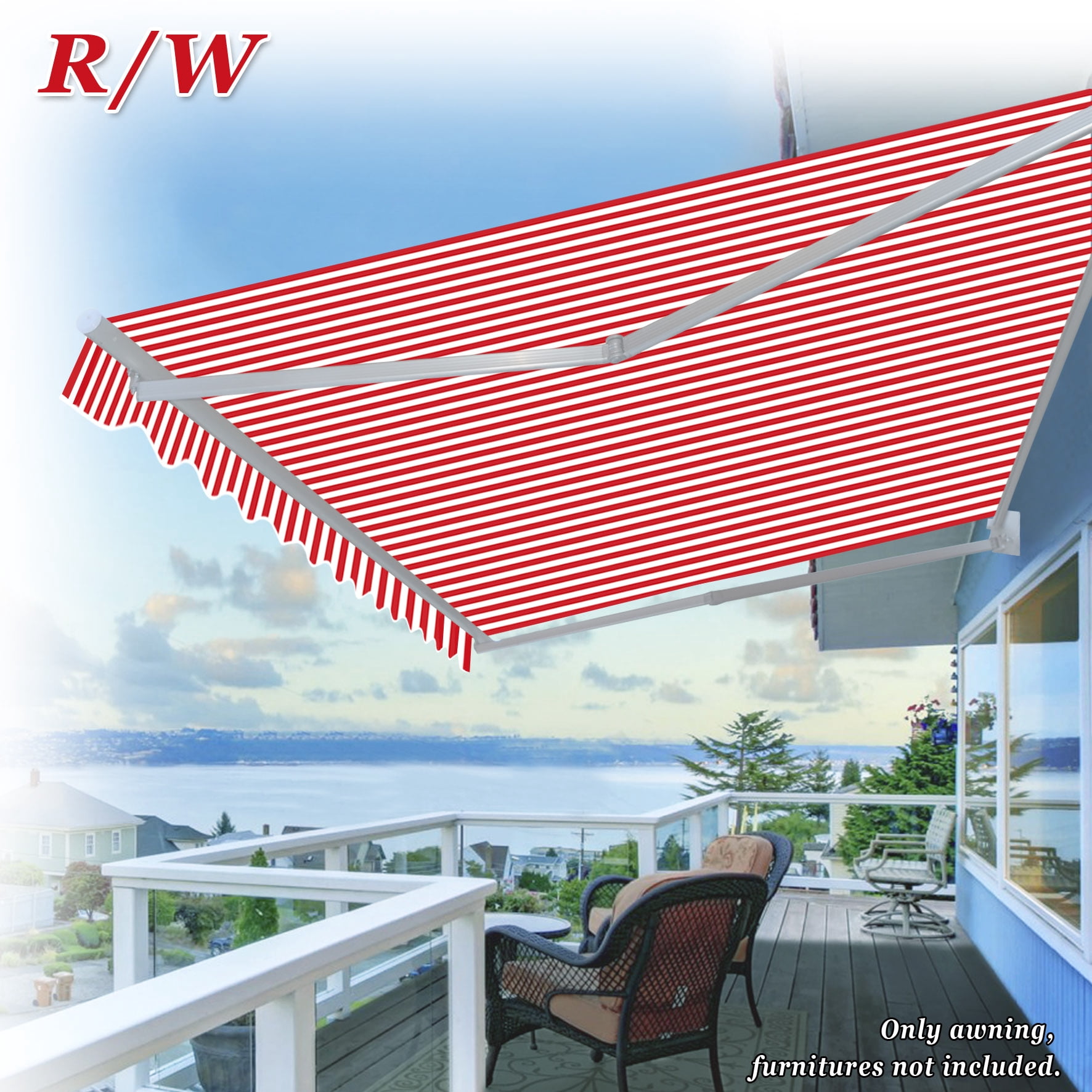 Sunny 12' x 8' Manual Retractable Patio Deck Awning Cover Canopy Sunshade (Red and White)