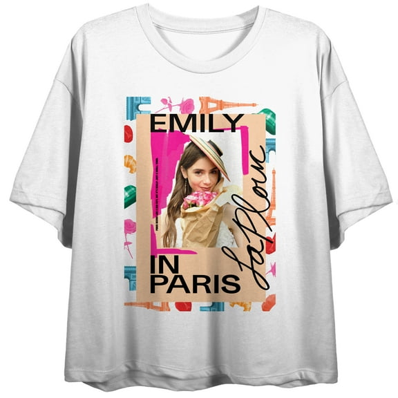 Emily In Paris Colorful Photo Art Crew Neck Short Sleeve  Women's White Crop Top-Medium