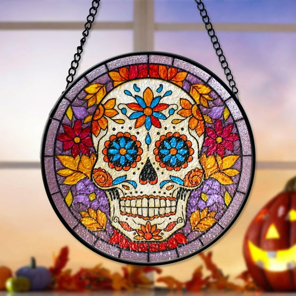 Colorful Sugar Skull Suncatcher, Day of the Dead Stained Glass Window Hanging, Mexican Skull Ornament for Halloween & Gothic Home Decor