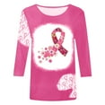 thumbnail image 4 of WREESH Womens Breast Cancer Awareness Shirts Three Quarters Sleeve T-Shirts Casual Crewneck Bleach Tops Pink Ribbon Printed Tees Loose Comf Workout Blouses Pink E, 4 of 4