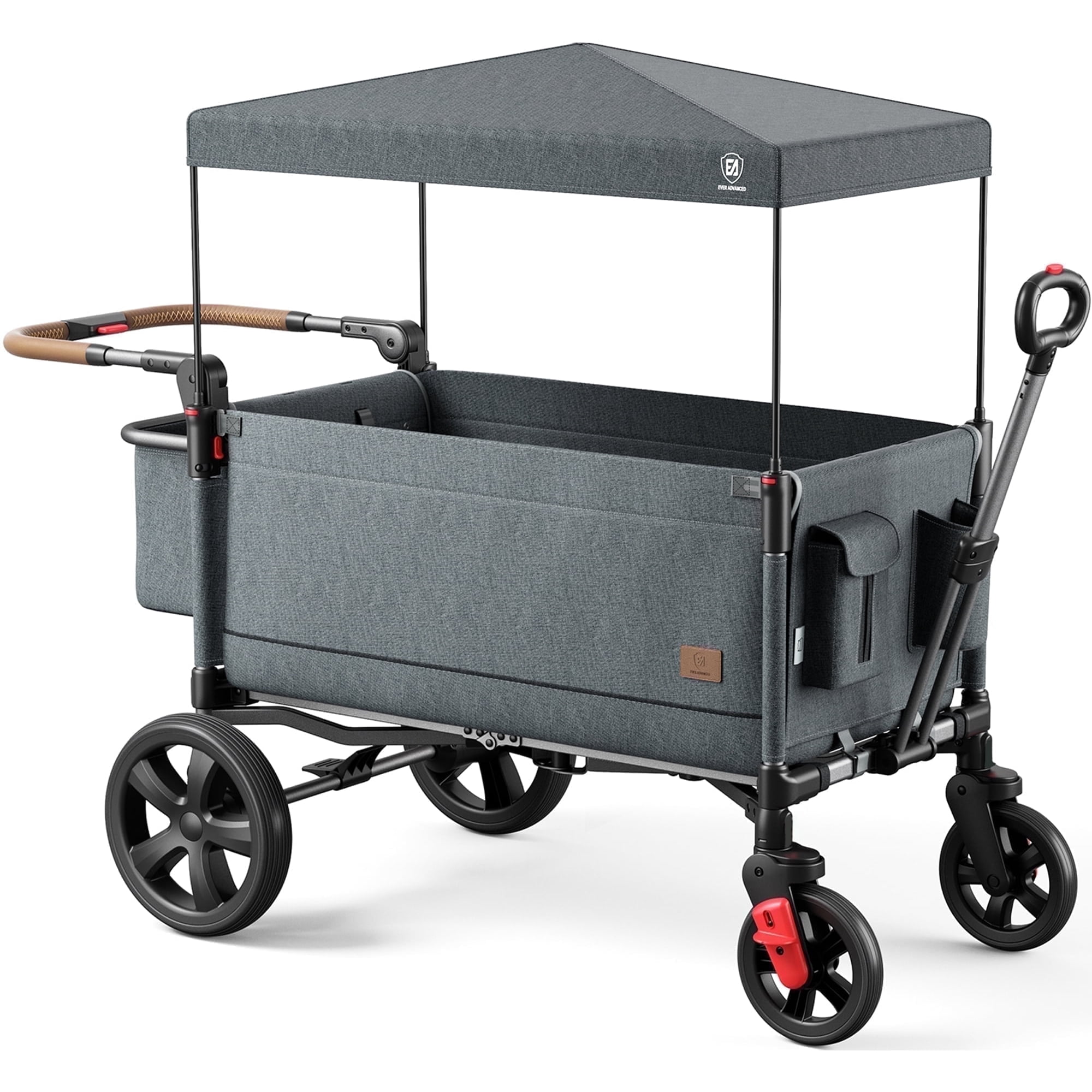 EVER ADVANCED Side-Unzip Folding Wagon Stroller for 2 Kids with Canopy, Push and Pull Baby Wagon for Toddler with 5-Point Harness and Allterrain Wheels, Grey