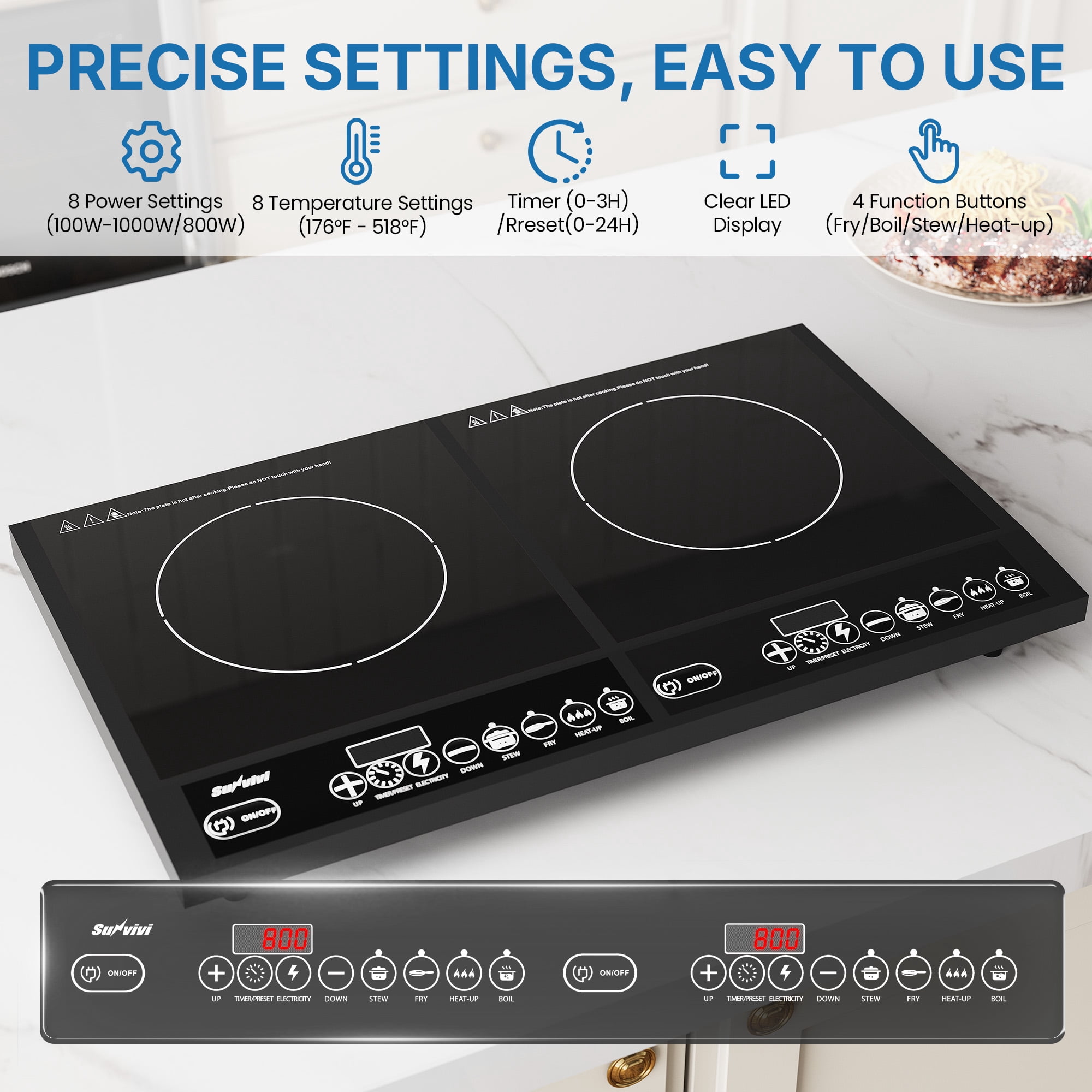 Heynemo Portable Dual Induction Cooktop, 1000W+800W Electric Double Burner Induction Cooker Hot Plate 8 Power 8 Temperature Settings, Countertop Burner with Timer, Black