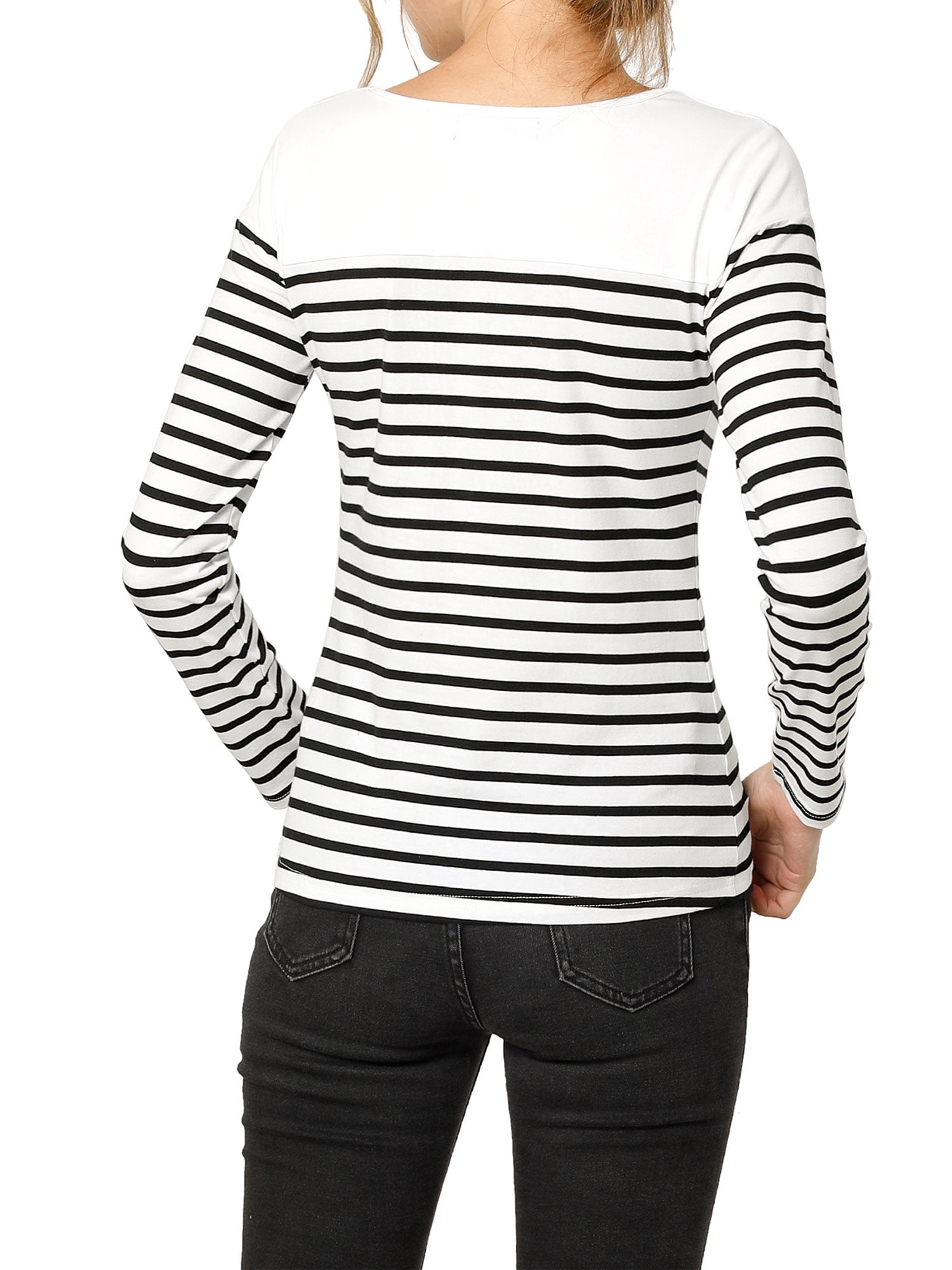 DARING DIVA Women's Color Block Striped Knit Top Long Sleeves T-Shirt XL Black-White