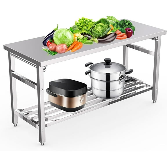 60''x24'' Stainless Steel Folding Preparation Table with Adjustable Undershelf, NSF Commercial Heavy-Duty Workbench, for Kitchen, Hotel, Home, Outdoor Cooking Table