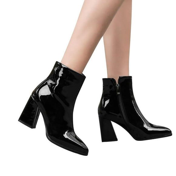 EGNMCR Ankle Boots for Women Large Women's High Heel Round Head Thick Heel Zipper Mirror Short Boots