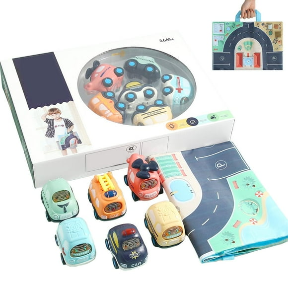 AMERTEER 6pcs Baby Toys Cars Inertia Friction Powered Cars Push and Go Vehicles Card Models with Map Play Mat/Storage Bag Early Educational Toys Gifts for 1-3 Years Old Boys Girls