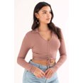 thumbnail image 2 of Ragstock Chocolate Ruched Ribbed Long Sleeve Crop Polo, 2 of 4
