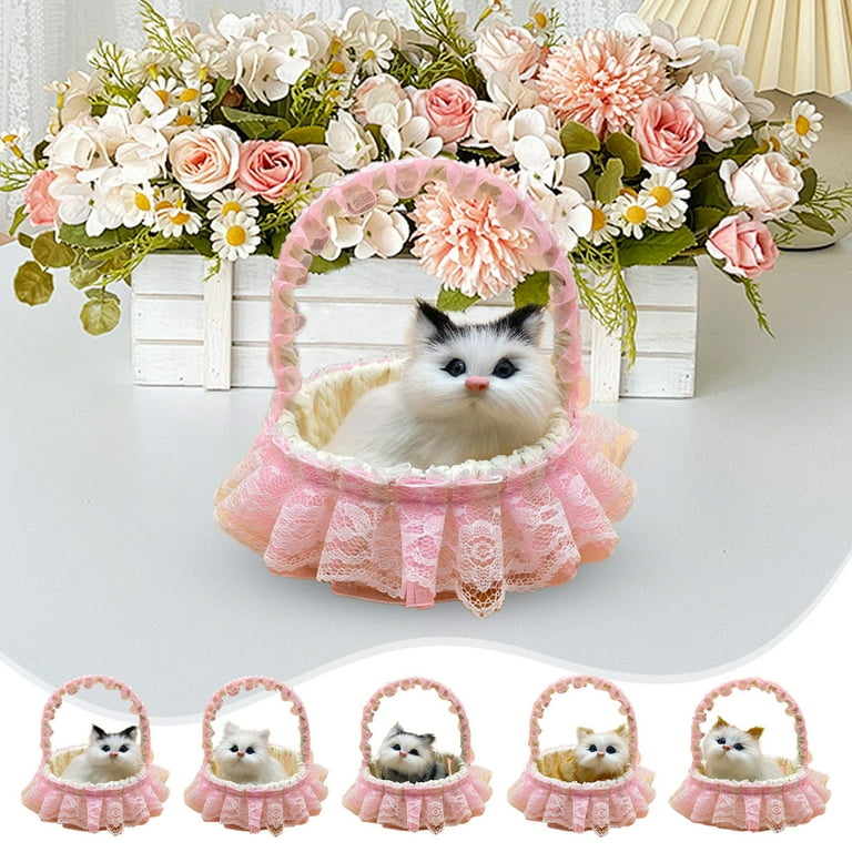 Christmas Clearance Tpzfurit Personalized Children s Cat Toy Set Realistic Soft Plush Cats in Lace Edged Flower Basket Whimsical Cozy Decorative