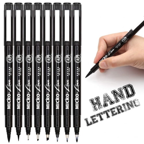 Hand Lettering Pens, Calligraphy Brush Pen, 8 Size Black Markers Set for Artist Sketch, Technical, Beginners Writing, Art Drawings, Signature, Water Colour Illustrations, Bullet Journaling